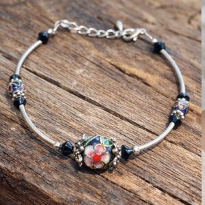 Vintage Cloisonné Floral Bead Bracelet w/ Extender Chain 1990s